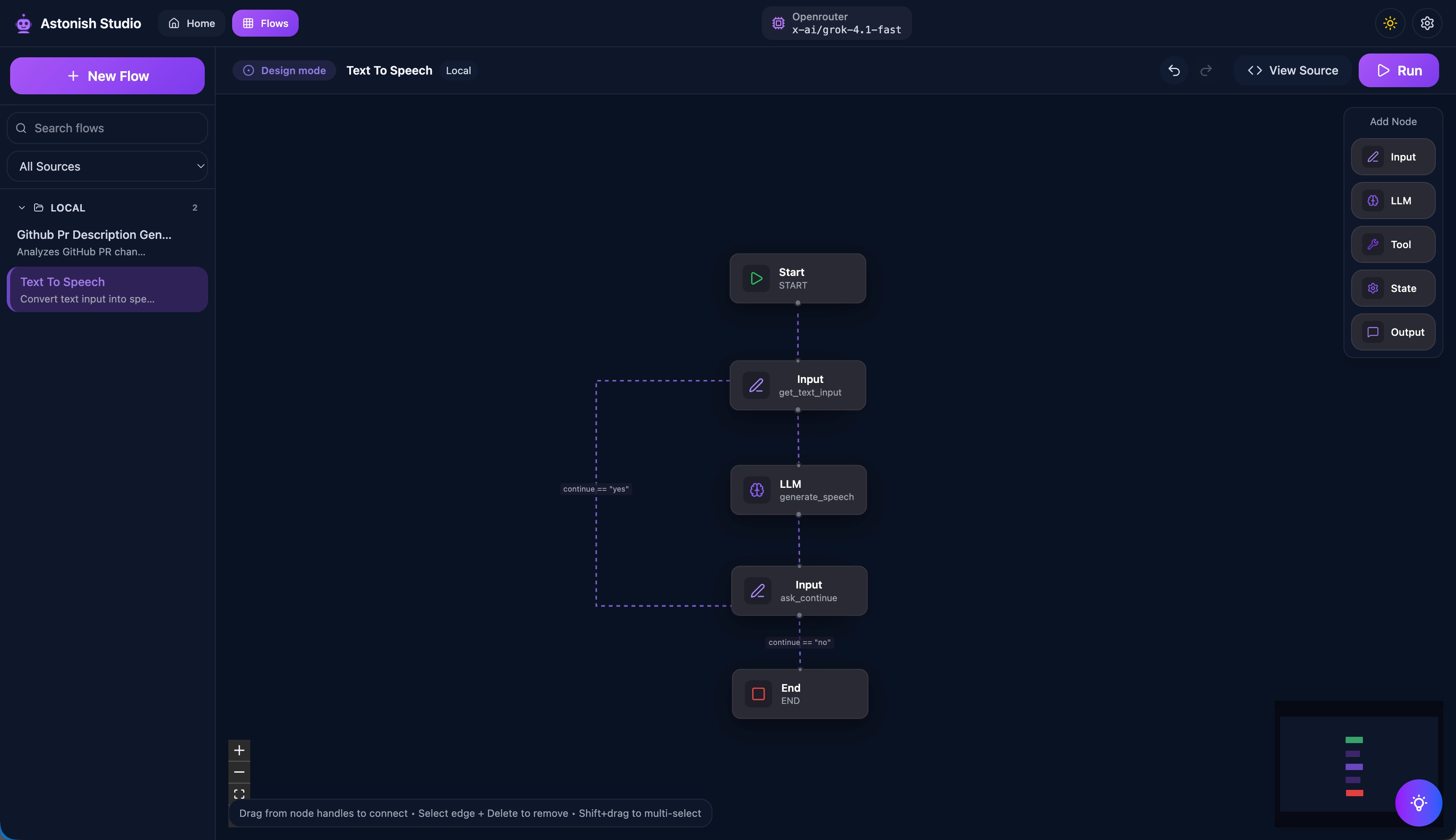 Studio Flow Editor — visual flow graph distilled from a successful chat session