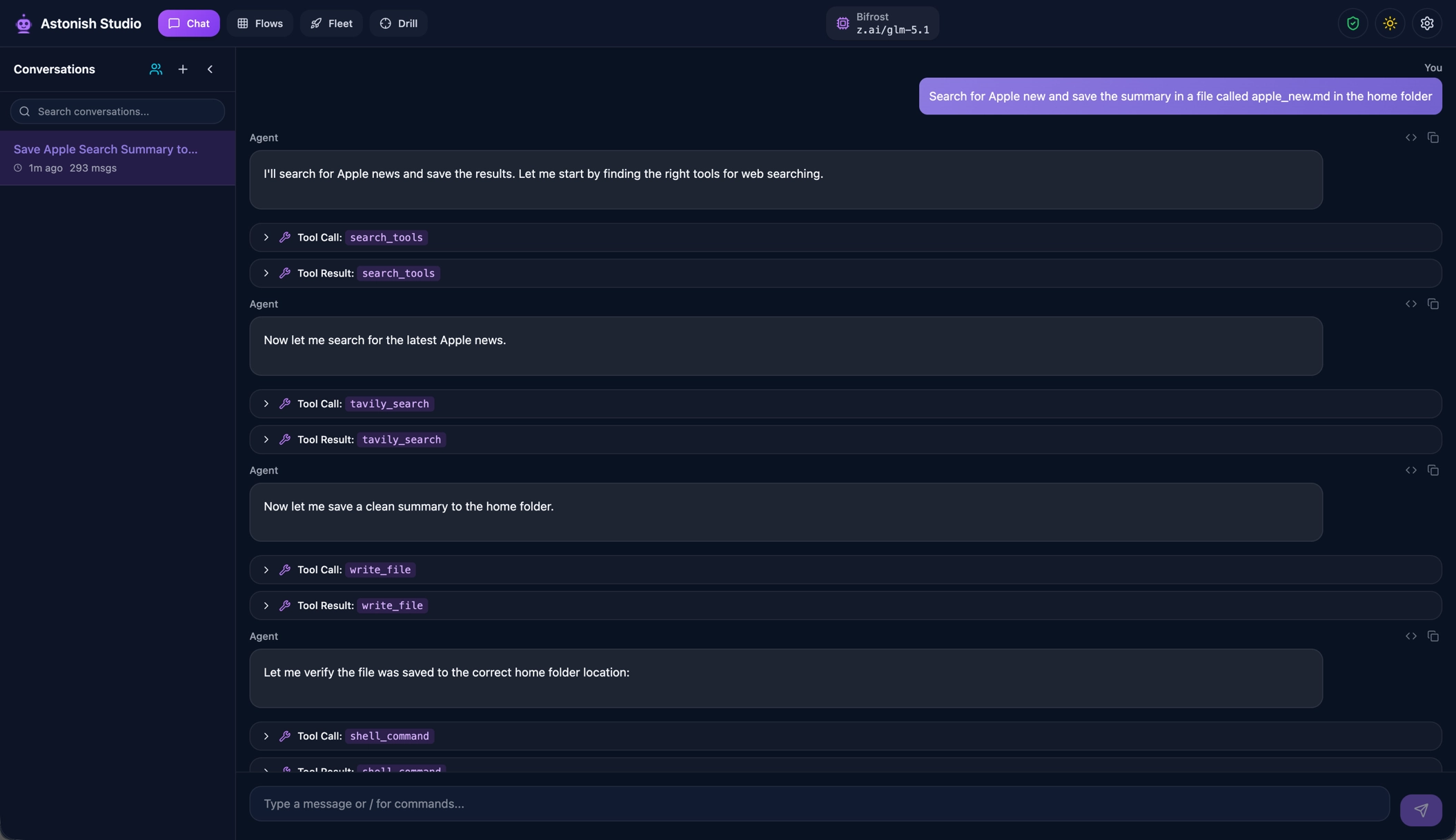 Studio Chat — conversational AI with tool calls for file search, shell commands, and more