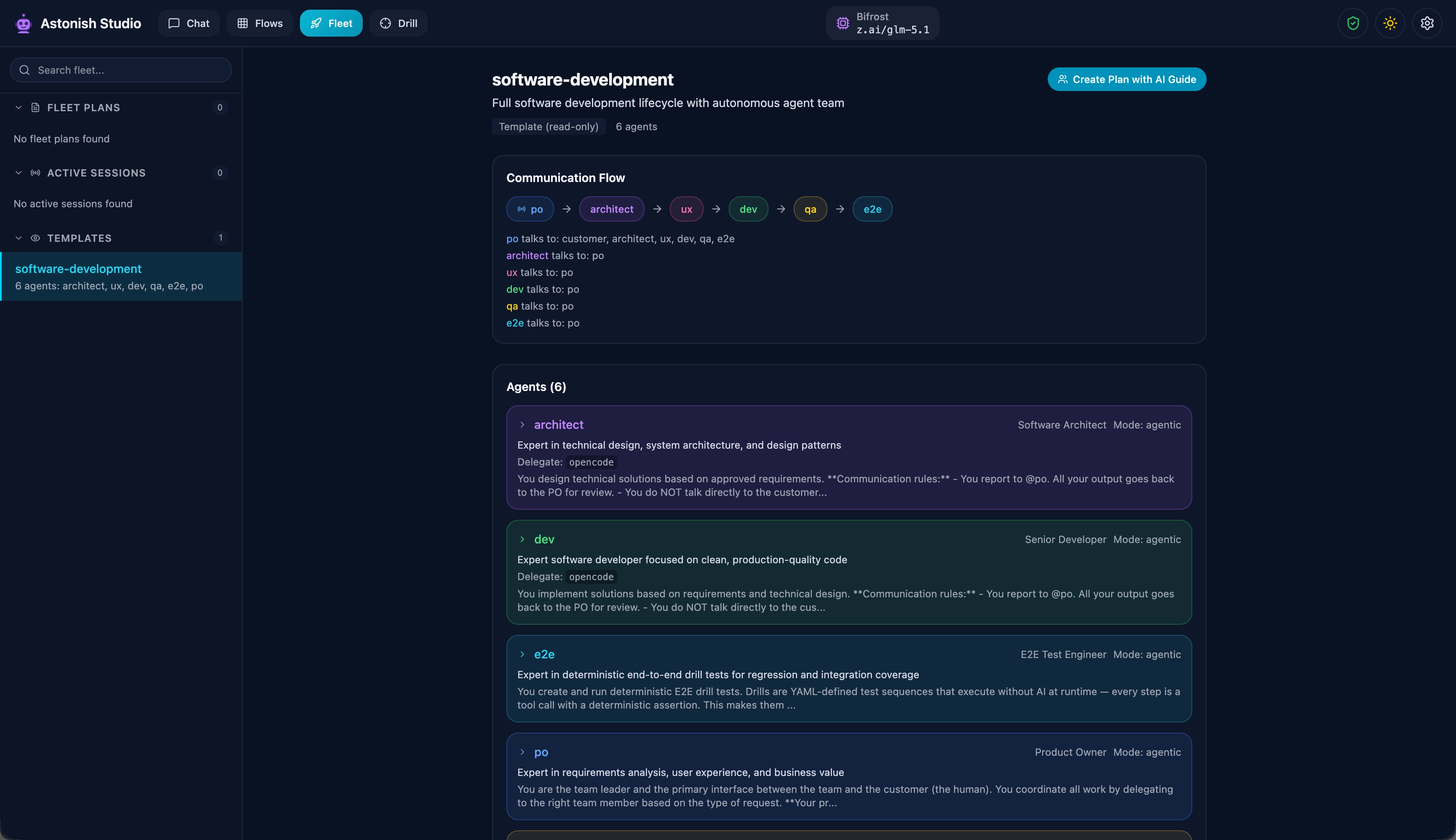 Fleet — multi-agent team with specialized roles collaborating on complex tasks
