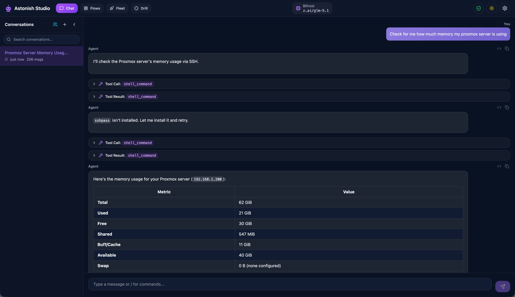 Memory recall — the agent uses knowledge from previous sessions automatically