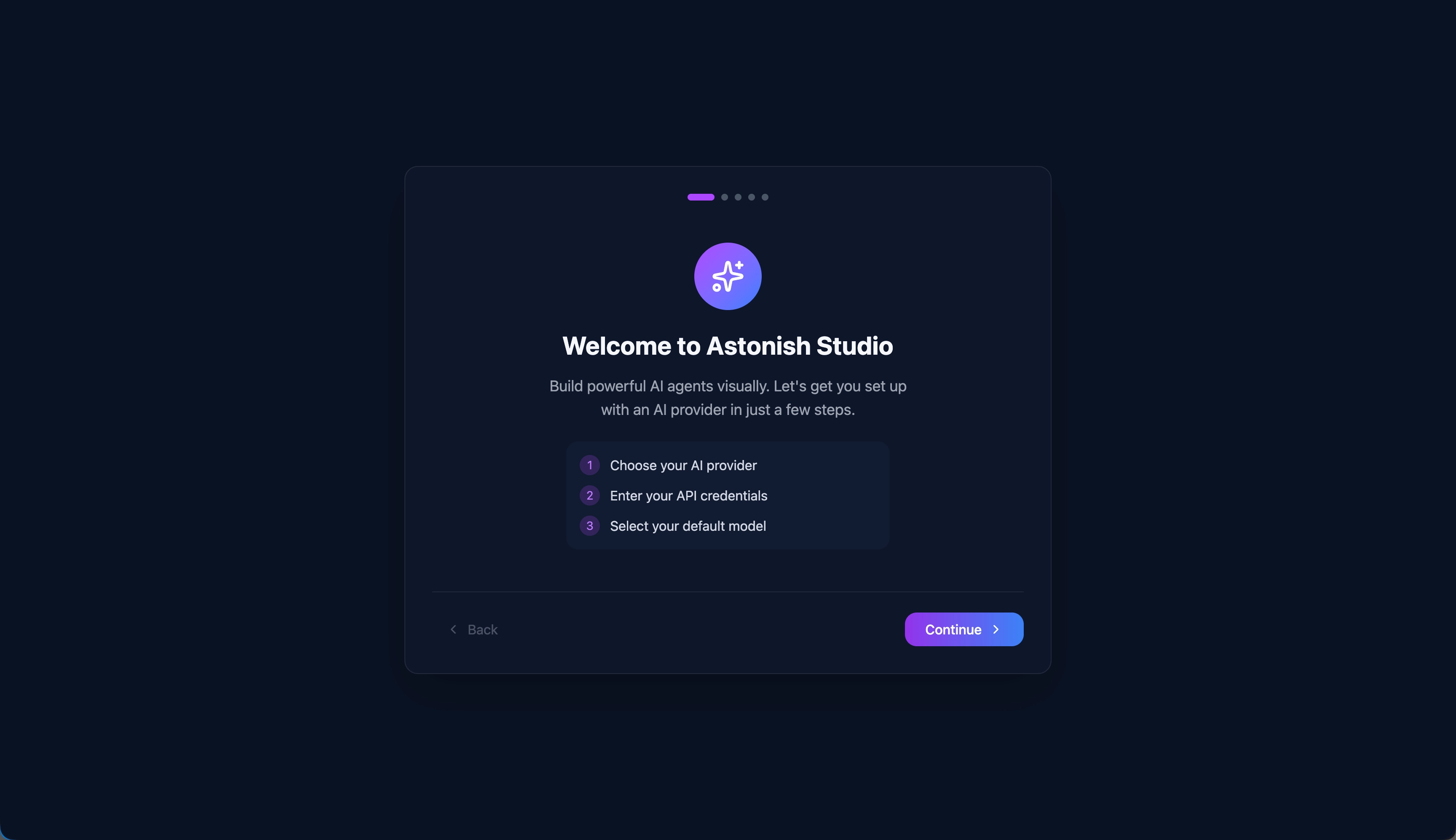 Studio setup wizard — choose your AI provider and configure in seconds